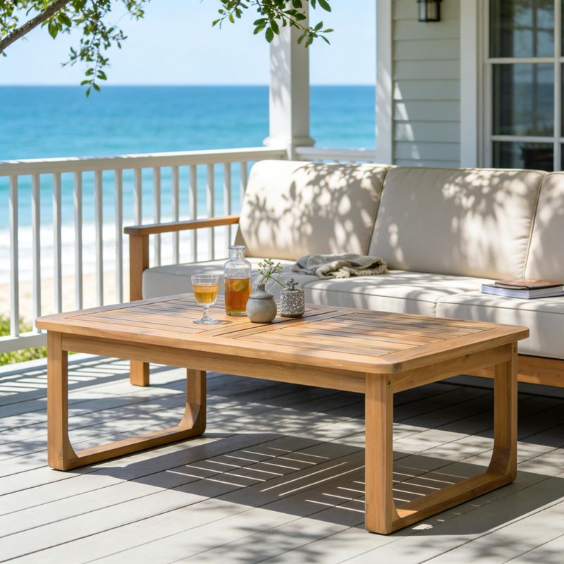 Acacia coffee table on a covered porch beside the sea.