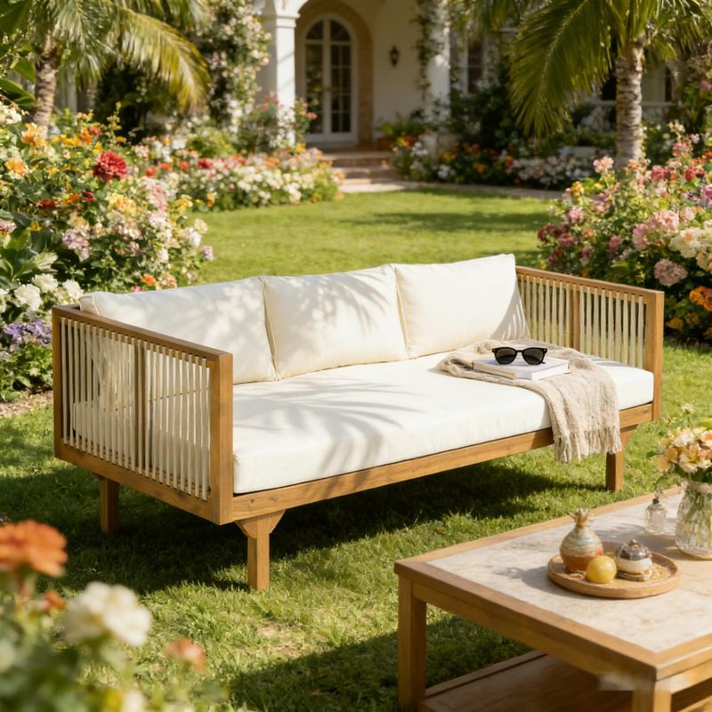 Acacia and rope sofa with beige cushions in a flower garden.