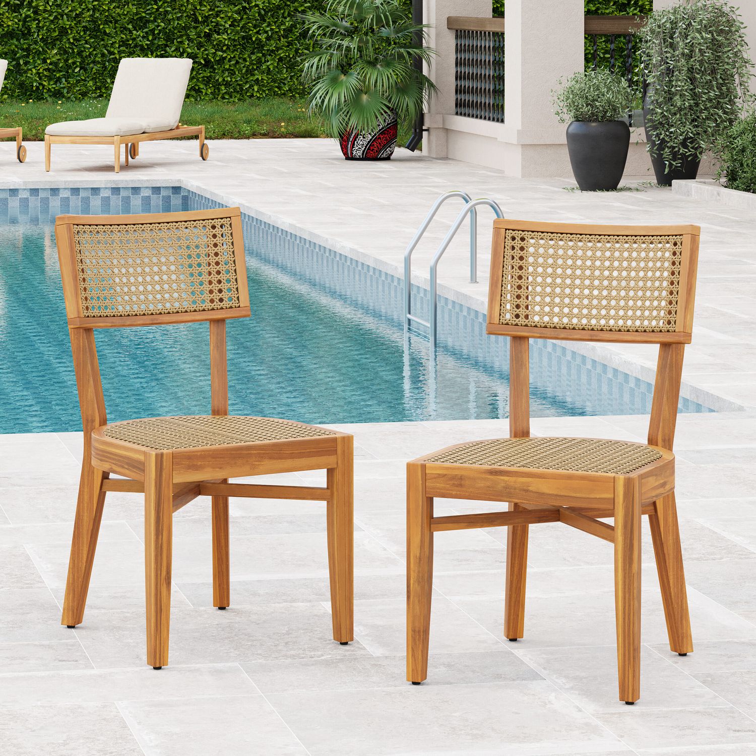 Acacia and Plastic Rattan Outdoor Dining Chairs, Set of 2