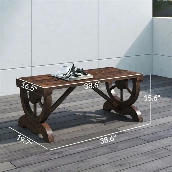 Brown Fir Wood Garden Bench with Wagon Wheel Legs