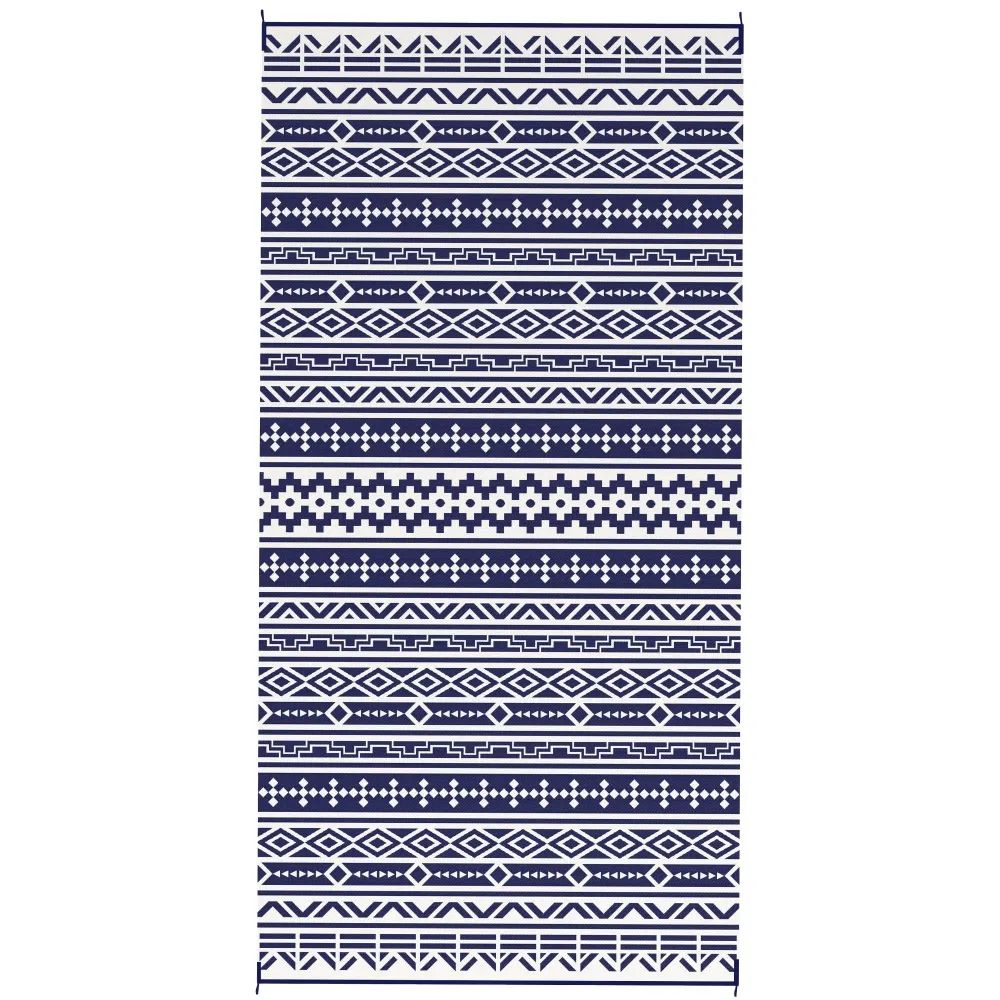 Blue and White Geometric Reversible Outdoor Rug