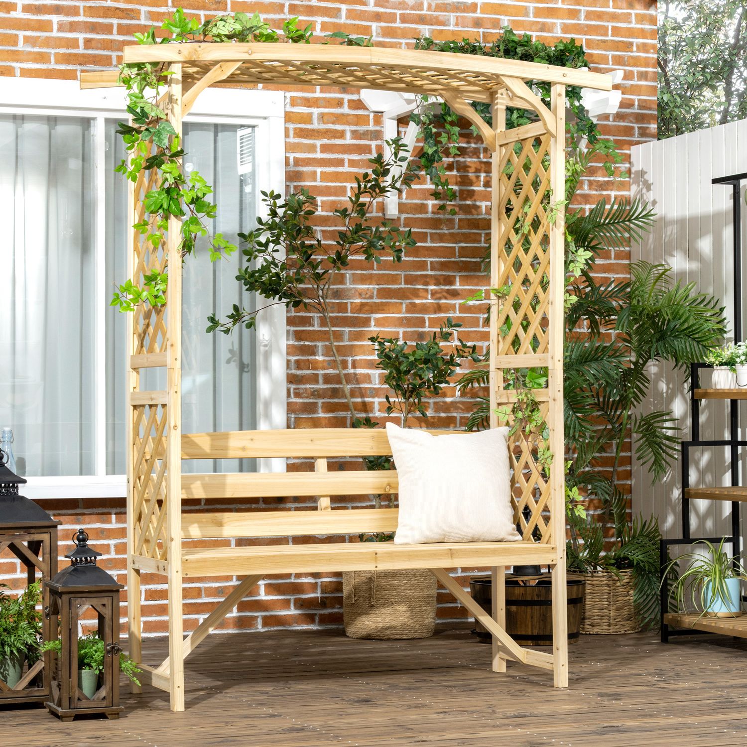 Natural Fir Wood Arbor Garden Bench with Trellis