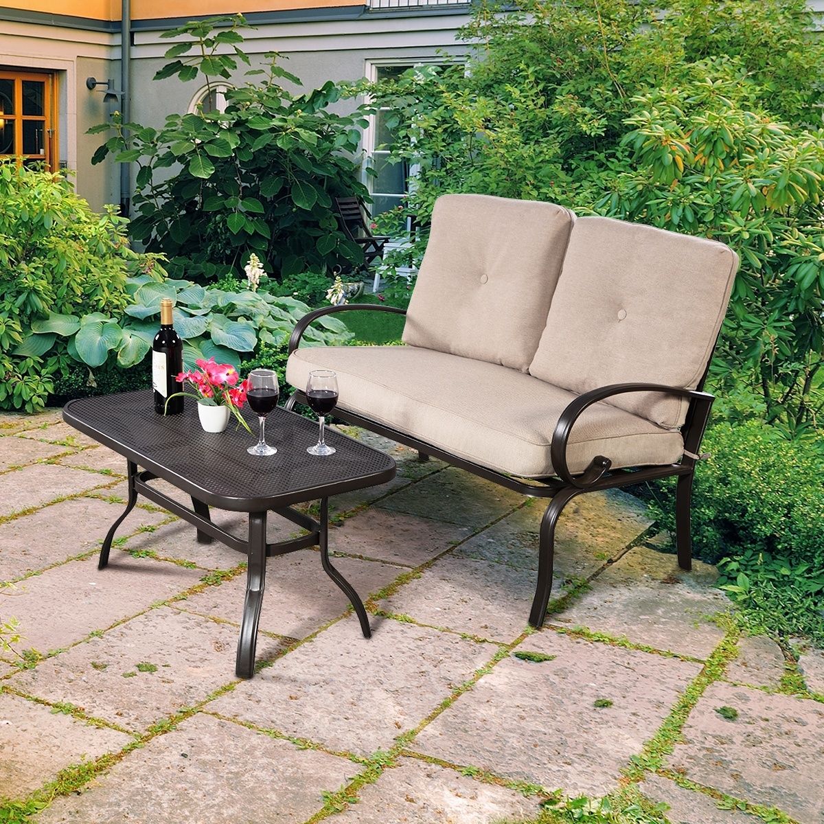 Beige Cushioned Loveseat and Coffee Table Set