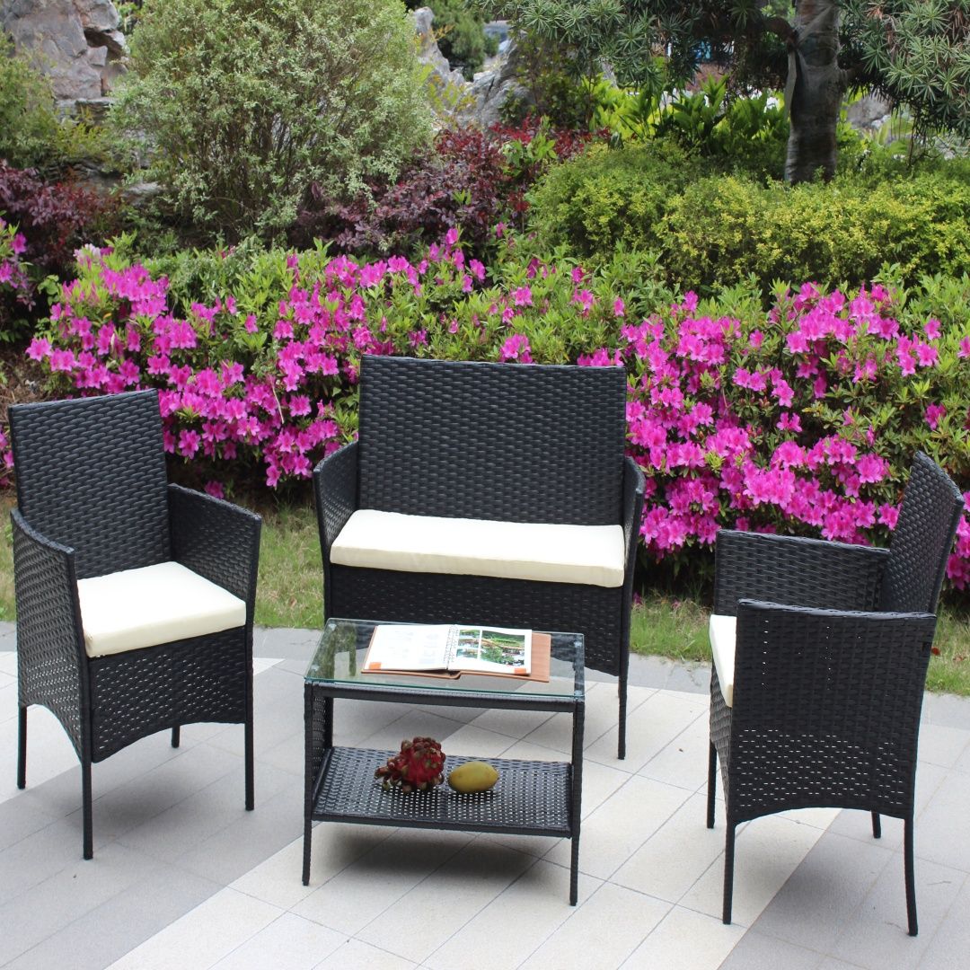 4-Piece Wicker Patio Set with Beige Cushions