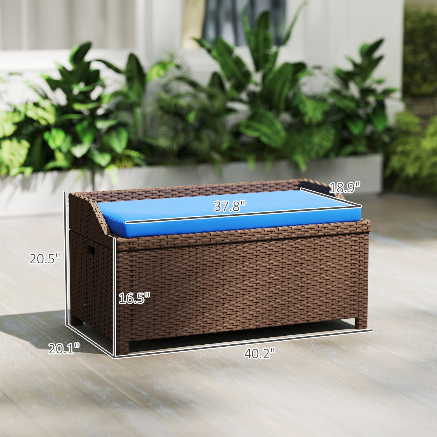 Brown Wicker Storage Bench with Blue Cushion