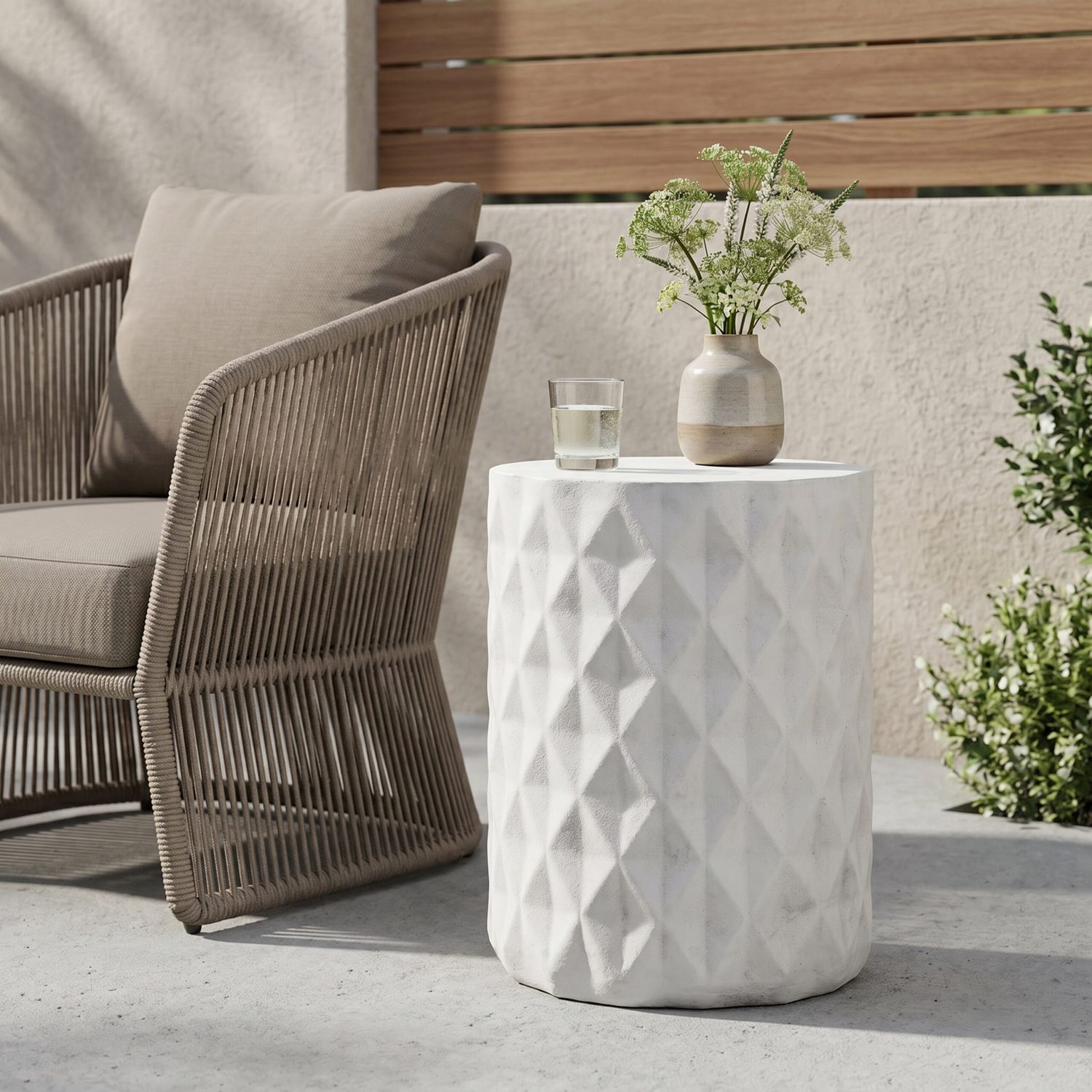 Antique White Diamond-Pattern MGO Outdoor Side Table