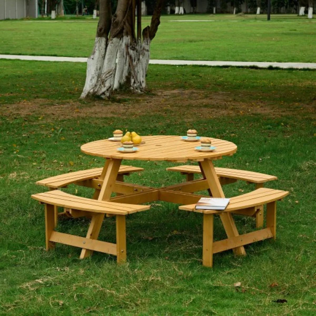 Natural Wood Round Picnic Table with 4 Built-In Benches