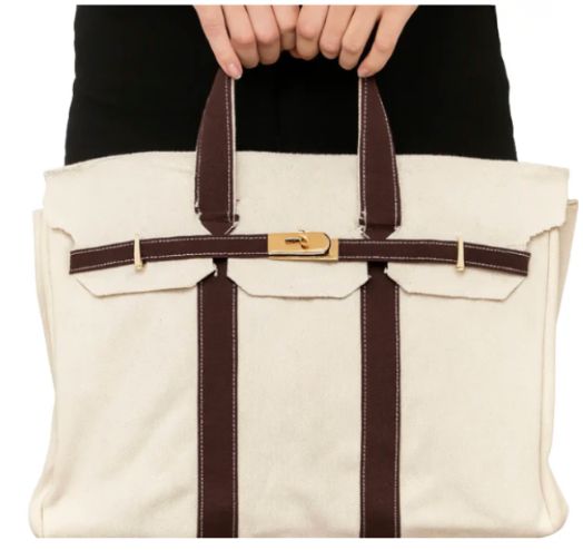Canvas Boatkin Tote Bag with Brown Trim & Gold Hardware | Large Designer-Inspired Canvas Tote