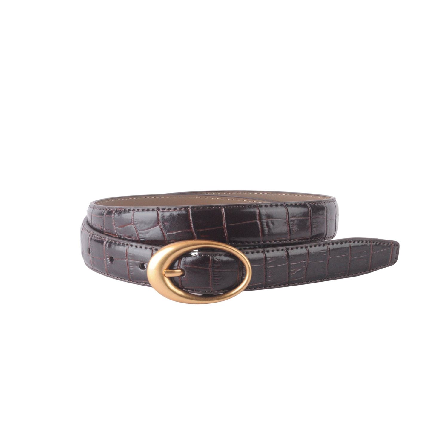 Croco Clean Stitched Belt with Oval Buckle : Brown / L