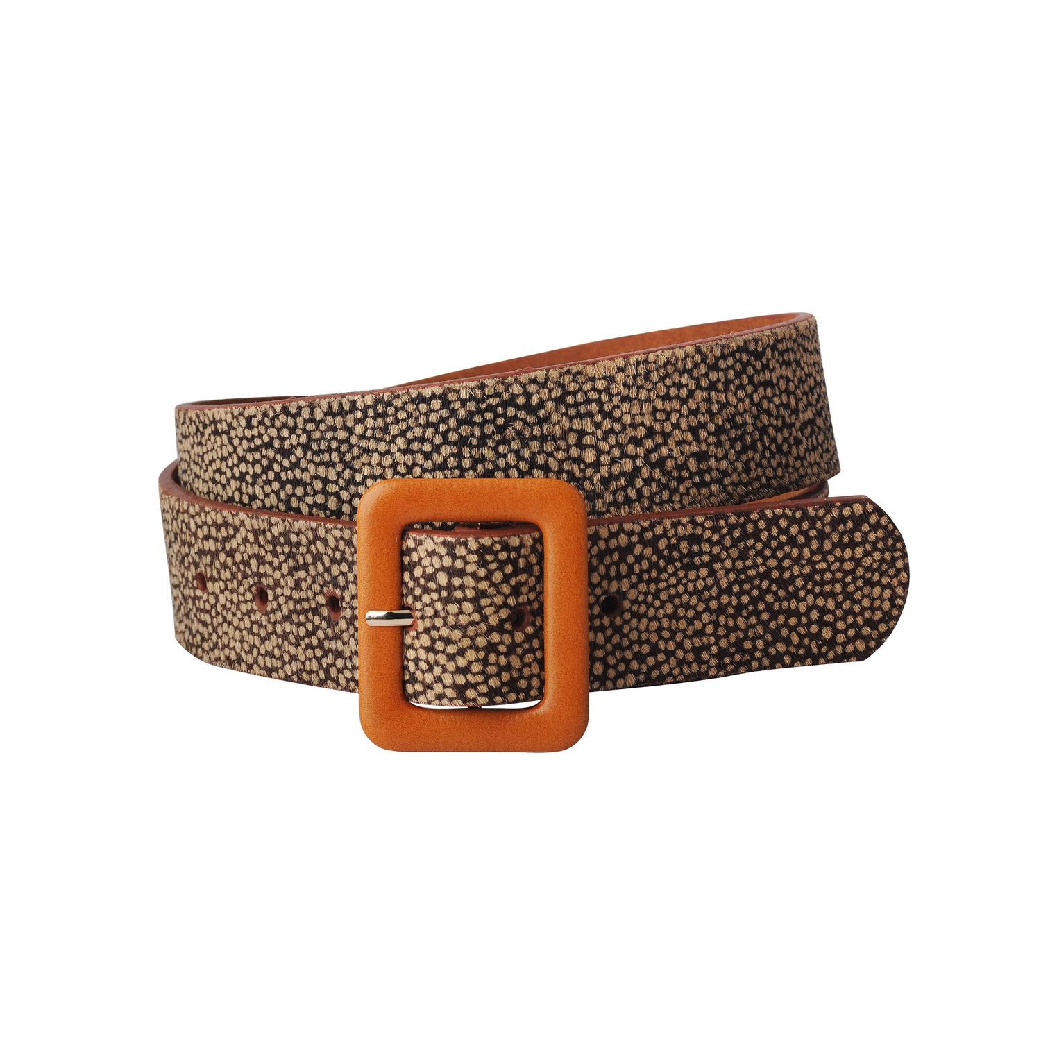 Spotted Print Calf Hair Belt with Rectangular Buckle: Tan / S