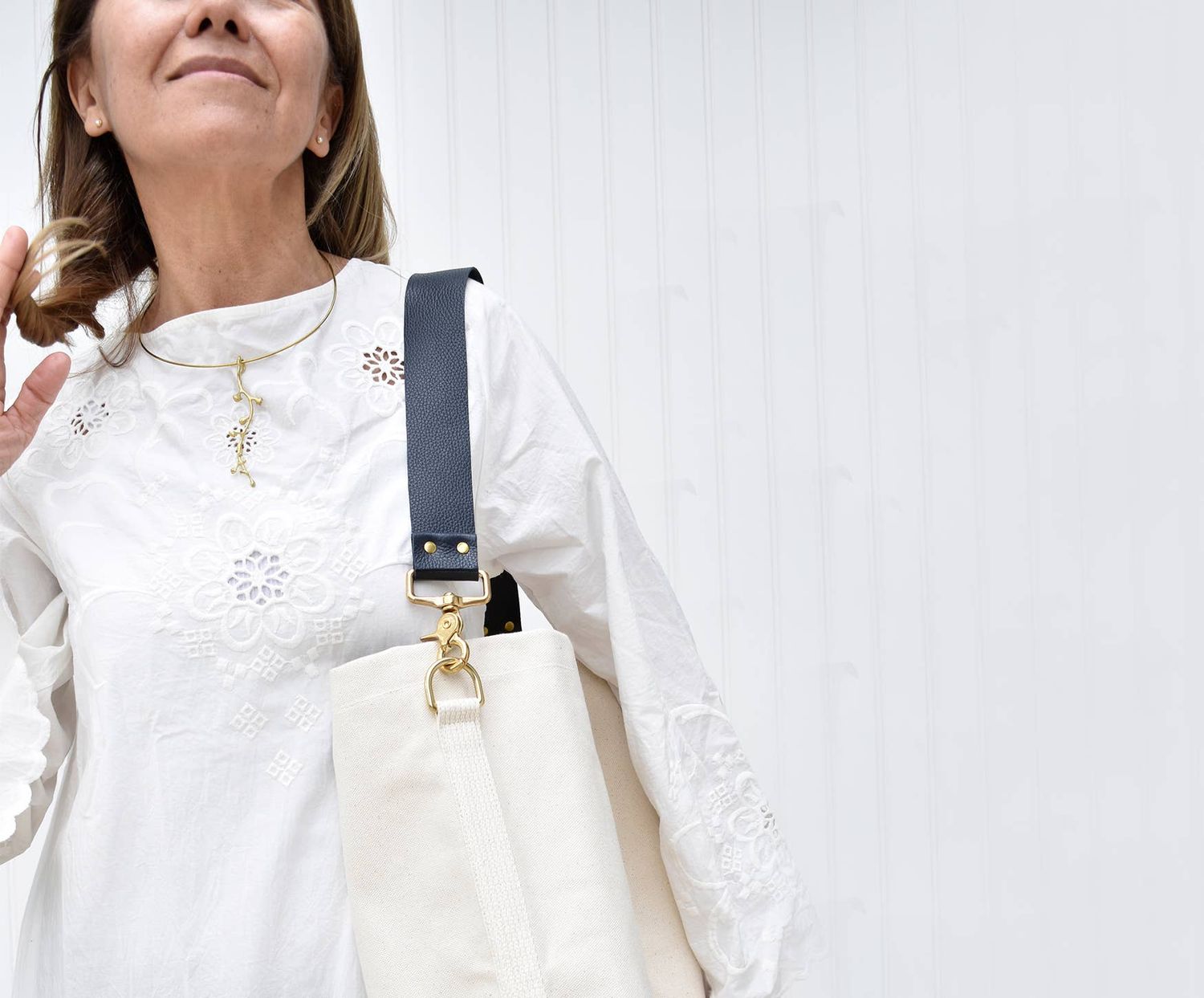 Tote Bag Ivory- Leather Strap Navy/Black: Small / Shoulder