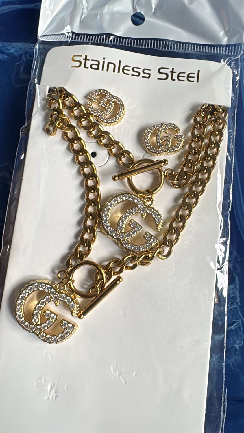 Gold-Tone Crystal Initial Pendant Chunky Chain Set