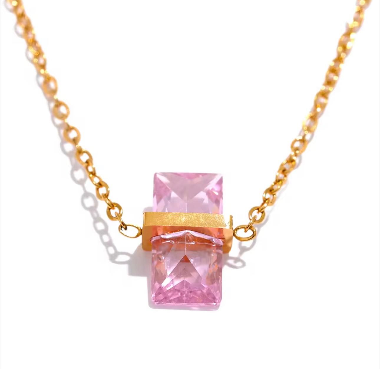 Pink Crystal Geometric Pendant Necklace