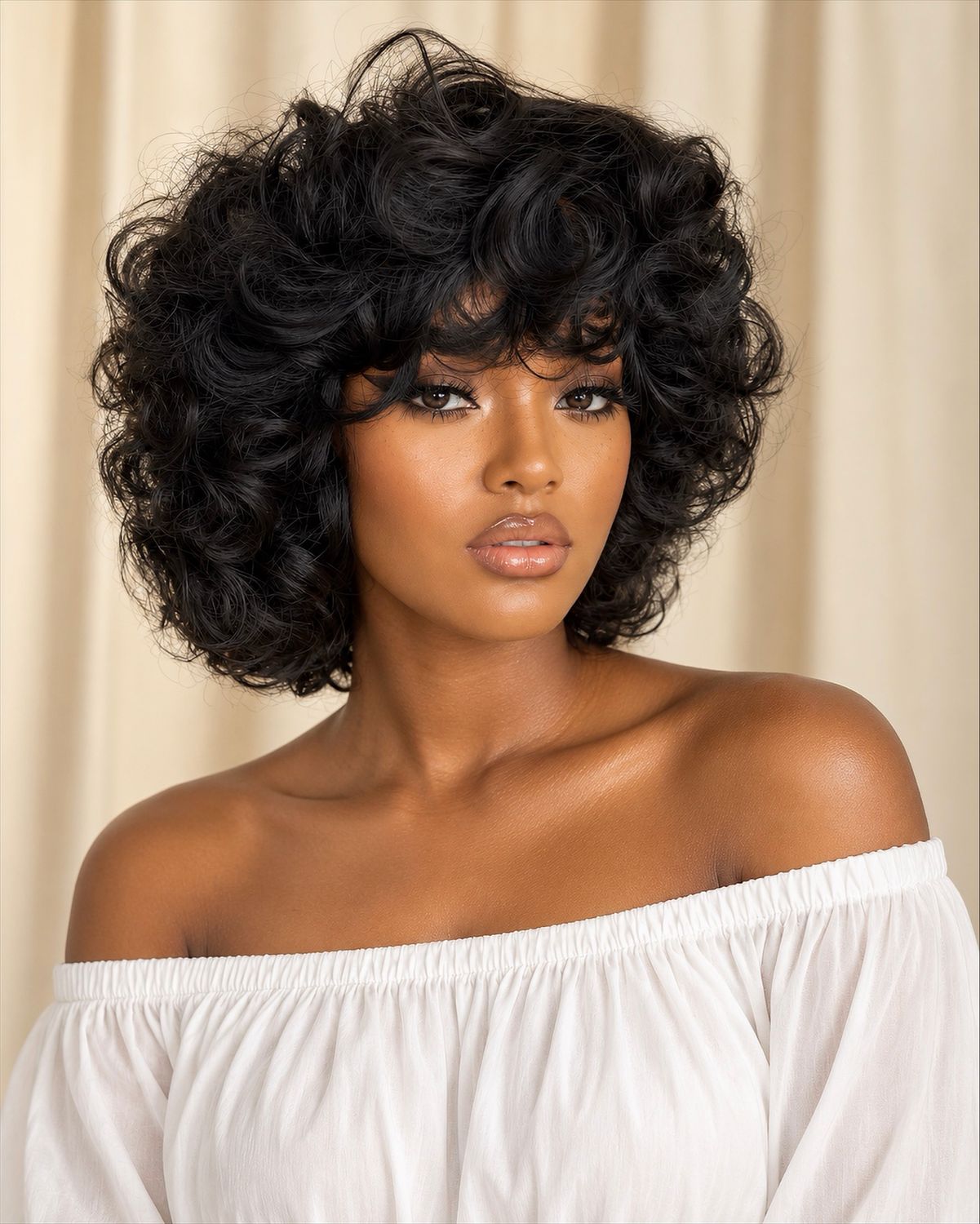 Black Natural Color Romance Curls Human Hair Bob Wig with Bangs | 1stHairly