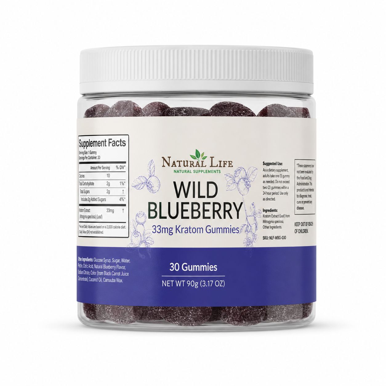 Natural Life Kratom Gummies - Wild Blueberry, 33mg ea