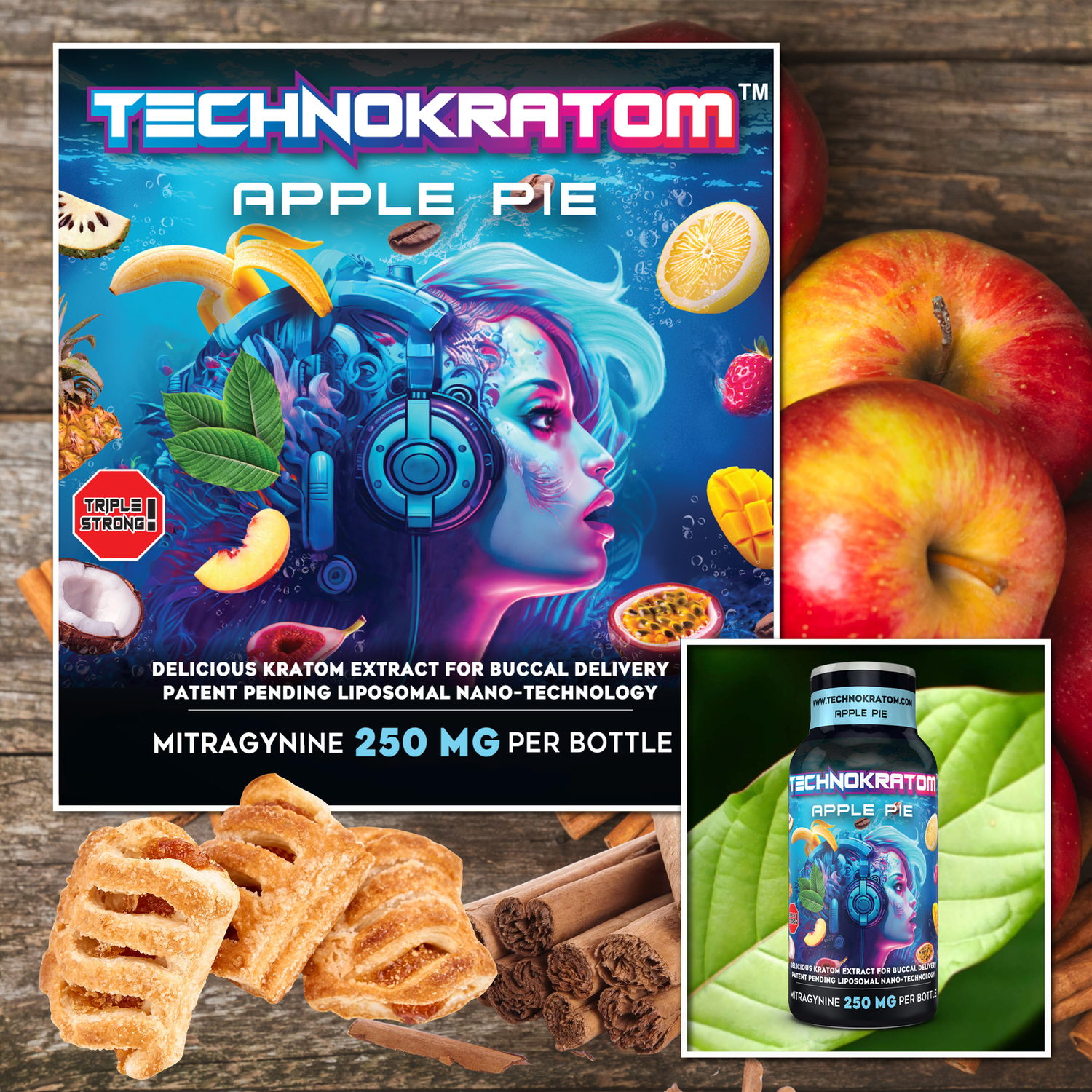 Techno Kratom Shot, Flavor: Apple Pie, Strength: 250MIT