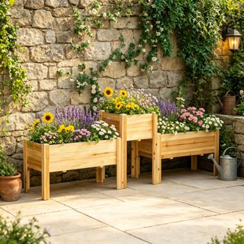 Set of Three Elevated Fir Wood Planter Boxes
