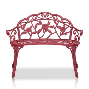 Rose-Pattern Metal Garden Bench — Red