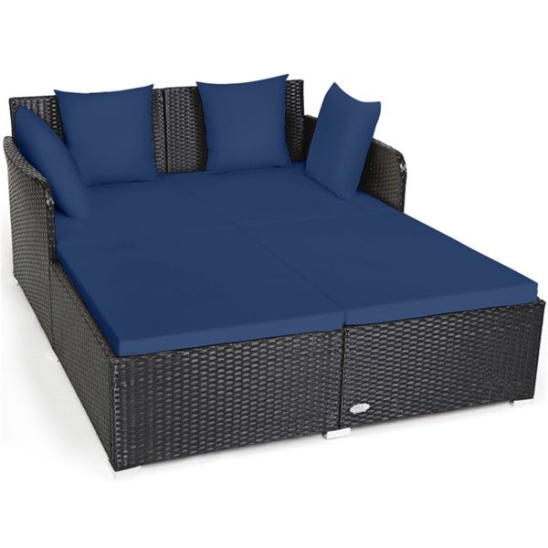 Rattan Patio Daybed with Cushions — Navy