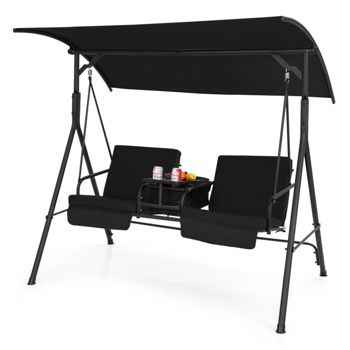 Two-Seat Canopy Swing with Cooler &amp; Tray — Black