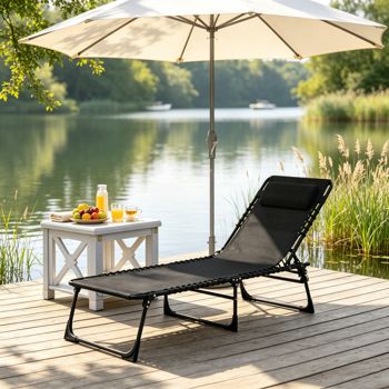 Folding Mesh Chaise Lounge with Pillow — Black
