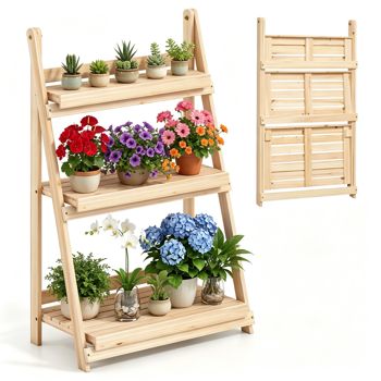 3-Tier Folding Fir Wood Plant Stand, Natural