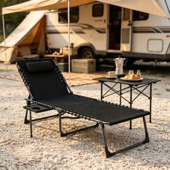 Folding Chaise Lounge with Tray &amp; Pillow — Black