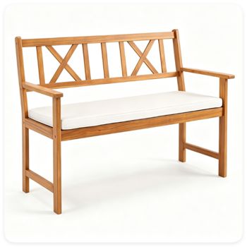 Acacia Wood Loveseat Bench with White Cushion