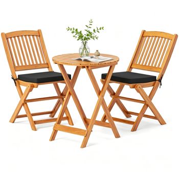Folding Acacia Bistro Set with Black Cushions