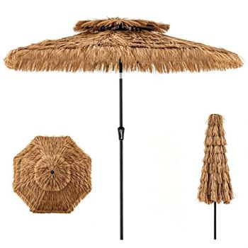 10-Foot Double-Tier Tiki Patio Umbrella, Brown