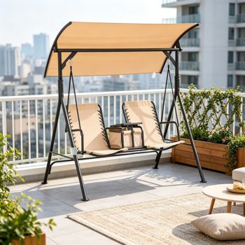 Two-Seat Canopy Swing with Storage — Beige