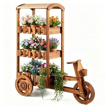 3-Tier Fir Wood Tricycle Planter Cart with Canopy