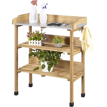 Fir Wood Potting Bench with Two Storage Shelves