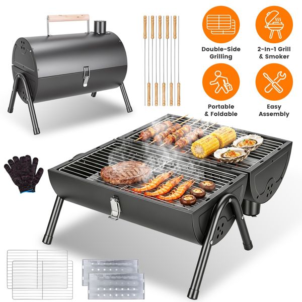 Folding Charcoal Grill with 10 Skewers, Black