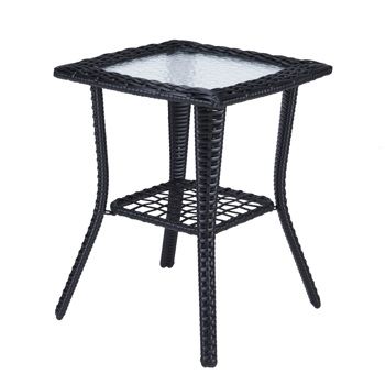 PE Wicker Side Table with Glass Top — Black