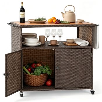 Acacia and Wicker Patio Storage Cart, Brown