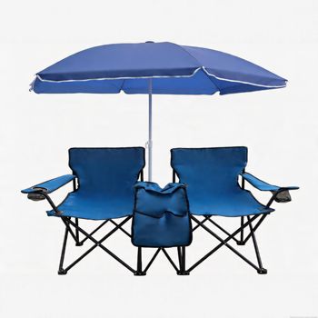 Double Folding Beach Chair with Umbrella — Blue
