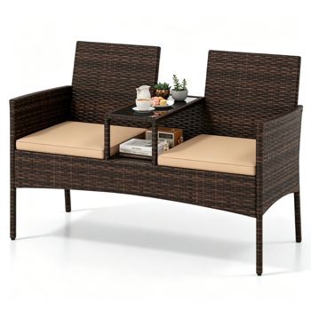 Two-Seat PE Wicker Loveseat with Glass-Top Table