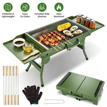 Folding Charcoal Grill with Side Shelves and Tools