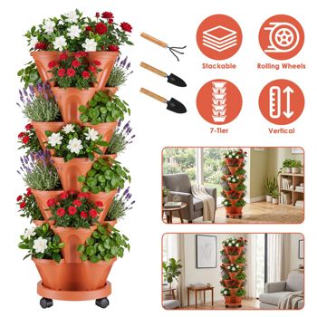 7-Tier Stackable Planter Tower with Rolling Casters