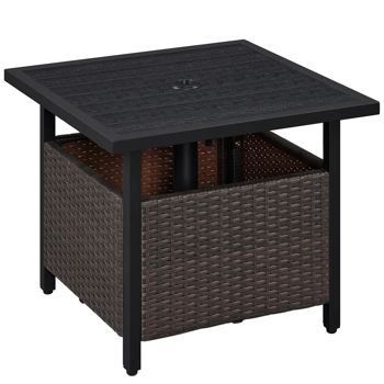 Wicker Patio Side Table with Umbrella Hole — Black