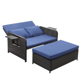 Rattan Daybed Loveseat &amp; Storage Ottoman — Brown/Blue