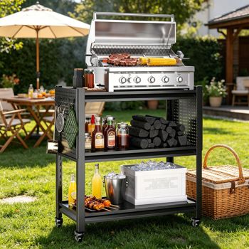 Steel Grill Prep Cart with Pegboard, Black