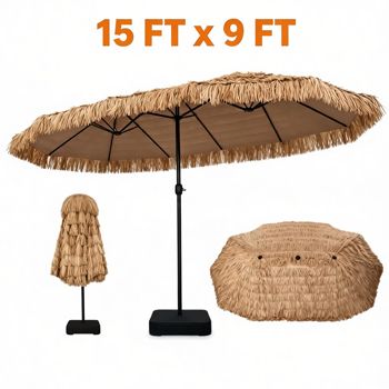 15 x 9-Foot Double-Sided Tiki Patio Umbrella with Base