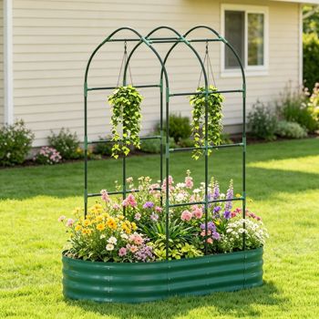 Galvanized Raised Garden Bed with Arch Trellis, Green