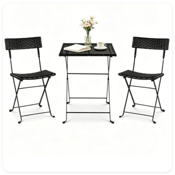Folding PE Wicker Bistro Set, 3 Pieces — Black