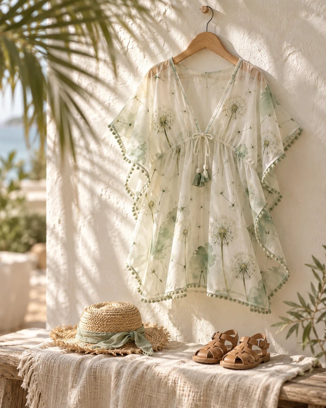 Tulle kaftan with a dandelion print hanging in the sun