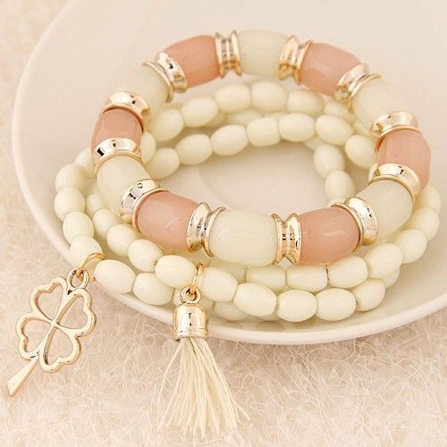 Golden Four-leaf Clover and Tassel Pendants Multi-layer Beads Fashion Bracelet - White
