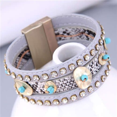 Folk Style Rhinestone and Snakeskin Pattern Multi-elements Wide Women Bangle - Gray