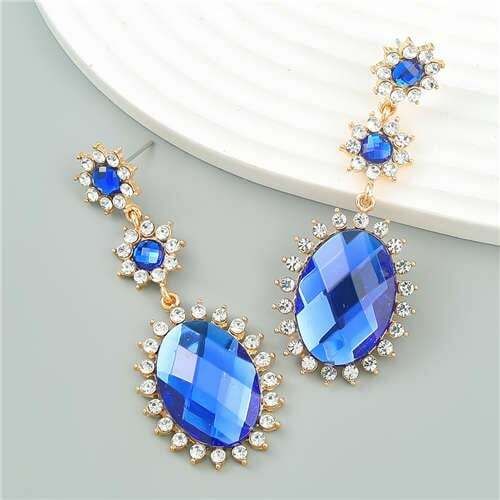 Vintage Elegant Royal Court Style Oval Pendant Sunflower Wholesale Earrings - Blue